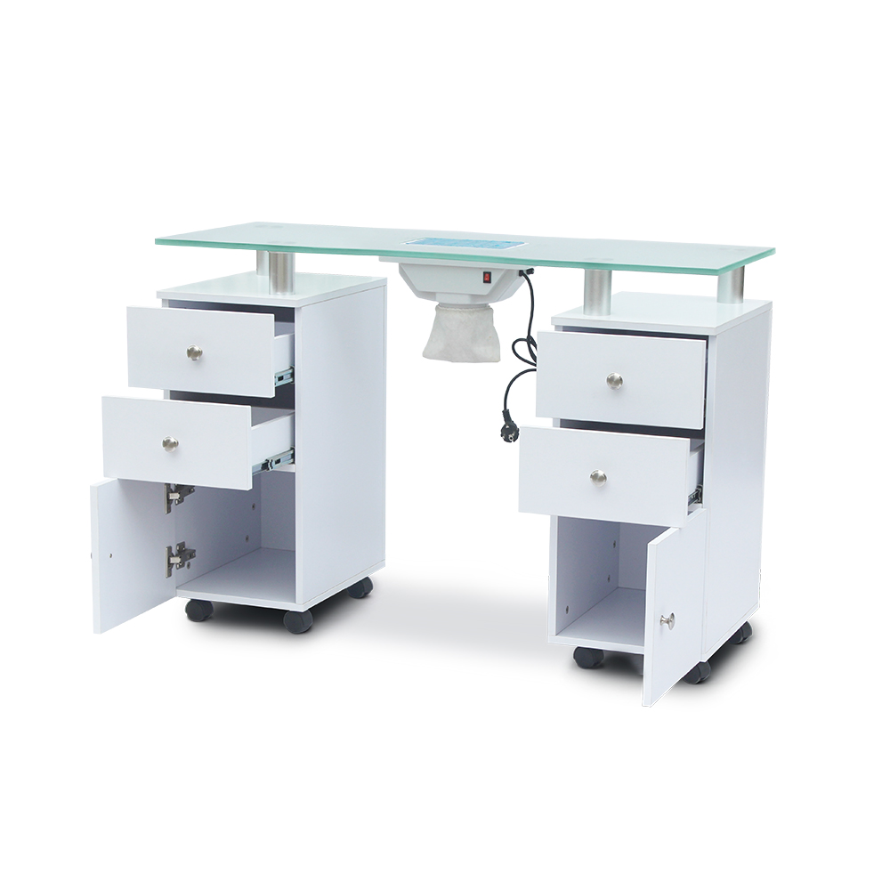 White Nail Desk Station Manicure Table with Glass Top - Kangmei
